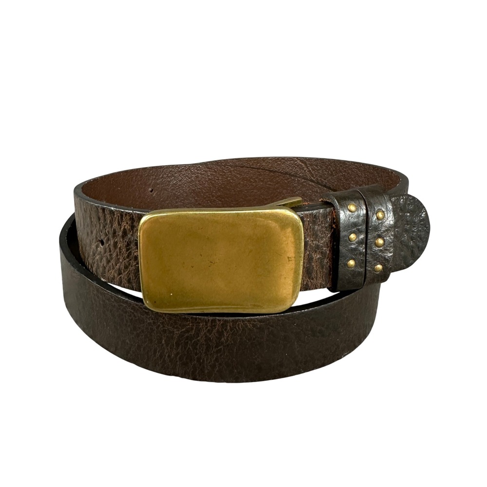 Vintage Brown Pebbled Leather Belt Solid Brass Plaque Buckle Studded Keepers